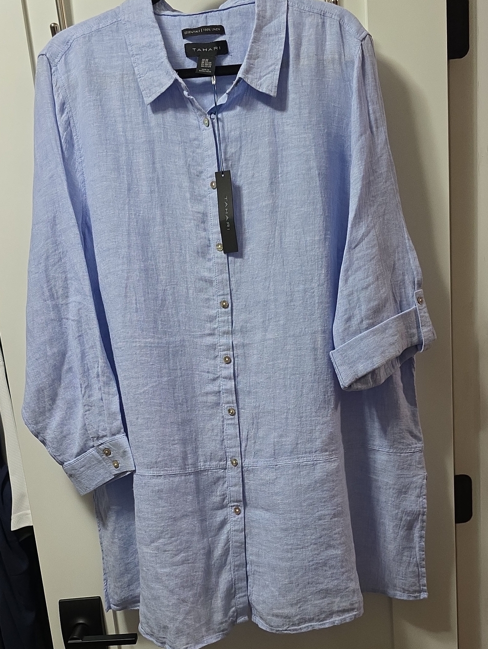 NWT Tahari Womans Light Blue Casual 100% Linen Button-Down Long Sleeve Shirt 2X